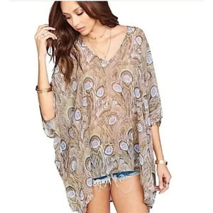 Show Me Your MuMu Peacock Feather Oversized Tunic Blouse Butterfly Sleeve Med